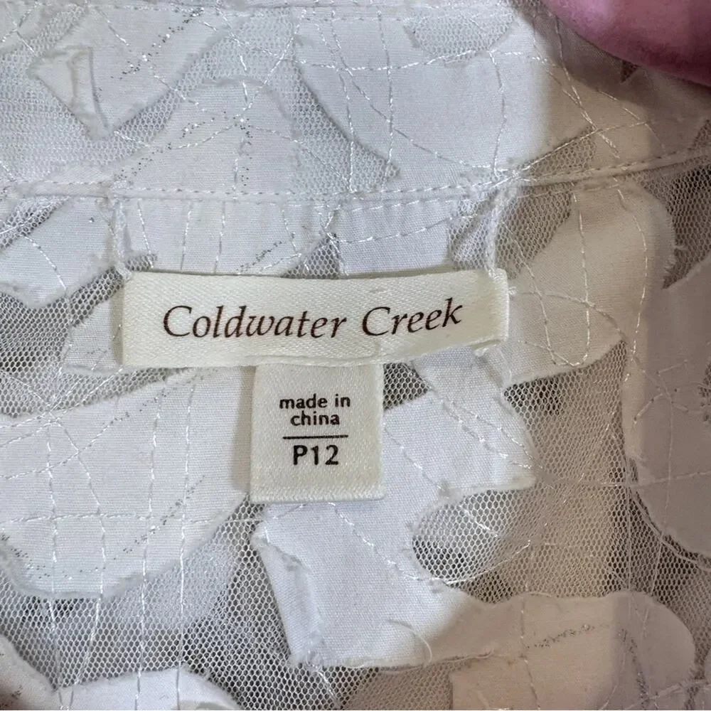Coldwater Creek White Lace Sheer Full Zip Jacket Womens 12P Boho Coquette Girly